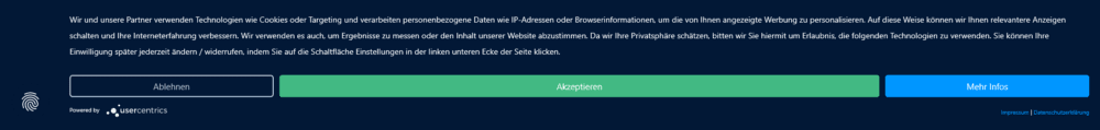 Cookie-Einwilligungsbanner von usercentrics (Screenshot: https://usercentrics.com/de/)