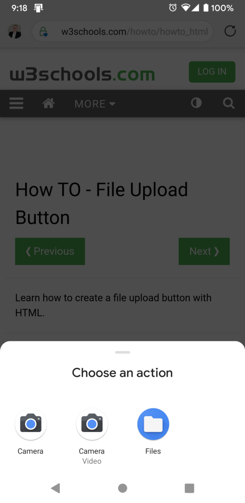 Smartphone Screenshot von w3schools HTML Datei Upload Beispiel.