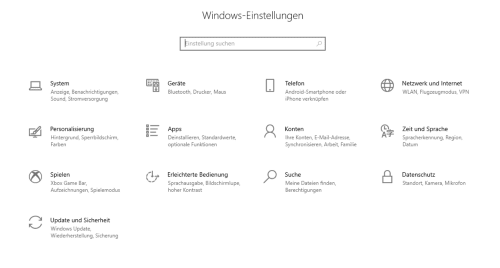 Moderne Systemsteuerung von Microsoft Windows 10.