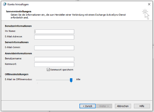 Eingabemaske für das Einrichten von Exchange ActiveSync.