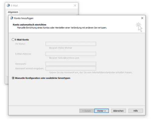 Auswahlmöglichkeit für eine manuelle Konfiguration für Exchange ActiveSync.