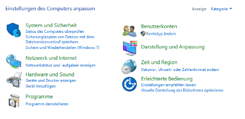 Klassische Systemsteuerung von Microsoft Windows 10.