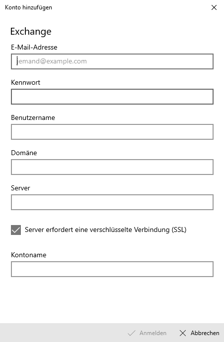 Eingabemaske für Exchange ActiveSync.