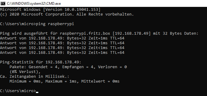 Ping-Verbindungstest unter Microsoft Windows (Screenshot)