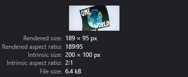 Screensot Entwicklerumgebung im Browser über Größe des geladenen Bildes und der tatsächlich dargestellten Größe.
